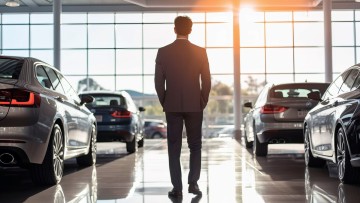 Autohändler geht im Showroom zwischen Fahrzeugen