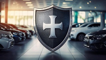 Symbolbild für eine Autohaus-Versicherung mit Showroom und einem Ritterschild