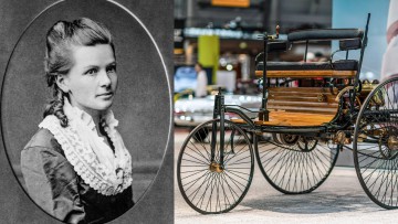 Poträtbild von Bertha Benz und  ein originaltreuer Nachbau des Benz Patent-Motorwagens aus dem Jahr 1886