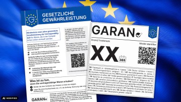 Die Verwendung des Gewährleistungslabel (links) ist ab dem 27. September 2026 verpflichtend. Wenn Sie zusätzlich eine Haltbarkeitsgarantie gewähren, müssen Sie ab diesem Datum auch das GARAN-Label (rechts) anbringen.