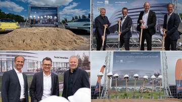 Inhaber Florian Glinicke und Geschäftsführer Frank Brecht haben zusammen mit Porsche Deutschland-Chef Alexander Pollich den offiziellen Baubeginn der beiden neuen Standorte gefeiert.