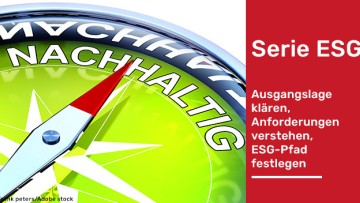 Kompass mit Schriftzug Nachhaltigkeit und dem Hinweis ESG: Ausgangslage klären · Anforderungen verstehen · ESG-Pfad festlegen