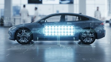 Modernes Elektrofahrzeug in professioneller Autohaus-/Werkstattumgebung mit dezent visualisierter Batterie-/Diagnostik-Ebene; sachlich, ruhig, seriös, redaktionell, nicht werblich.