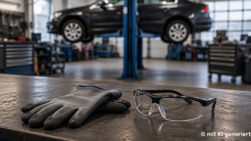 Schutzhandschuhe und Schutzbrille auf Werkbank