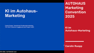Startfolie zu einem Vortrag von Carolin Ruopp TÜV SÜD zum Thema KI im Autohaus-Marketing