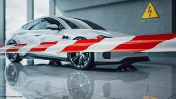 E-Auto in einem abgesperrten Bereich mit dem Hinweisschild Hochvolt
