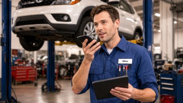 Mechaniker in Werkstatt spricht ins Handy