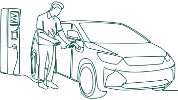 Linienzeichnung Mann lädt sein Elektroauto