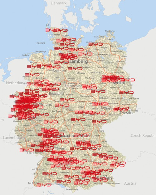 BYD Haendlerkarte: die zukünftigen Standorte auf der Deutschlandkarte