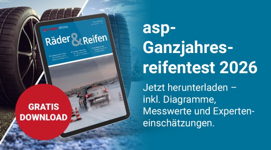 asp-Ganzjahresreifentest 2026: Testwagen auf verschneiter Pylonenstrecke, Download des Testberichts