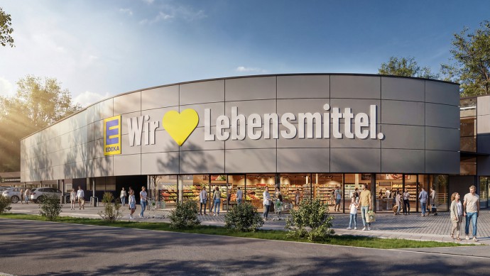 Der neue Edeka in Regensburg punktet künftig in Porsche-Optik.