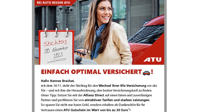 ATU wirbt für Versicherungen der Allianz in seinem Kundennewsletter