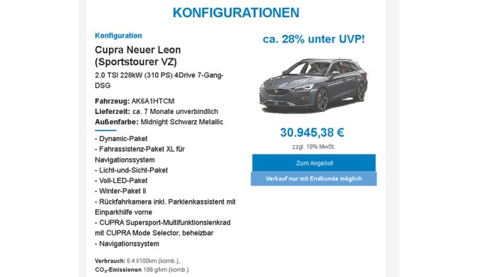 Fahrzeugkonfiguration für die Marke Cupra bei TOHA