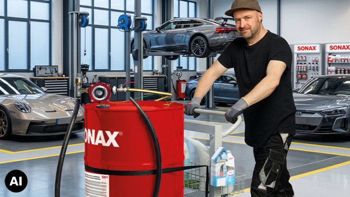 Werkstatt innen mit Sonax Frostmittel und Kfz-Mechaniker