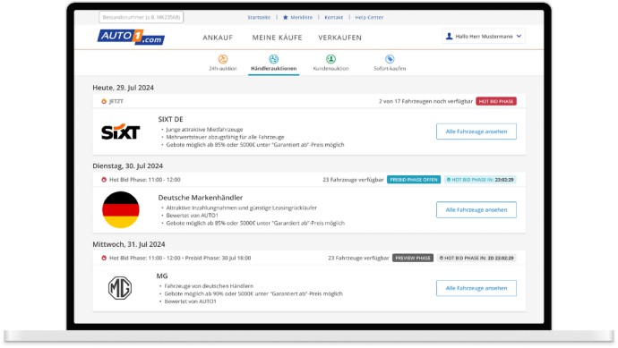 Laptop-Bildschirm zeigt AUTO1.com-Händlerauktionen