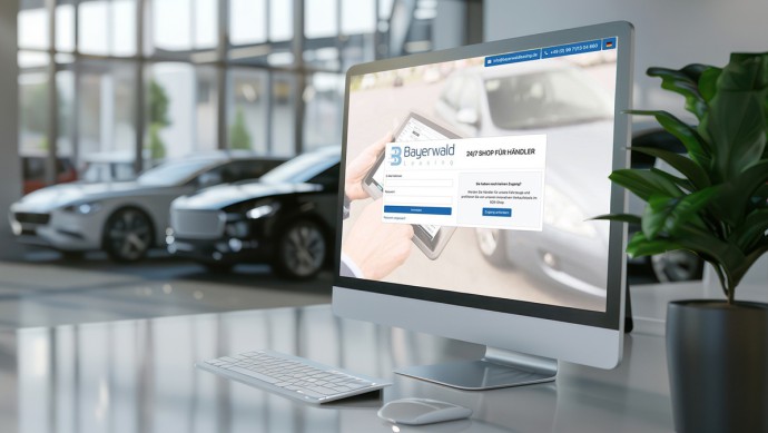 PC mit Online-Shop von Bayerwald-Leasing auf einem Schreibtisch in einem Autohaus