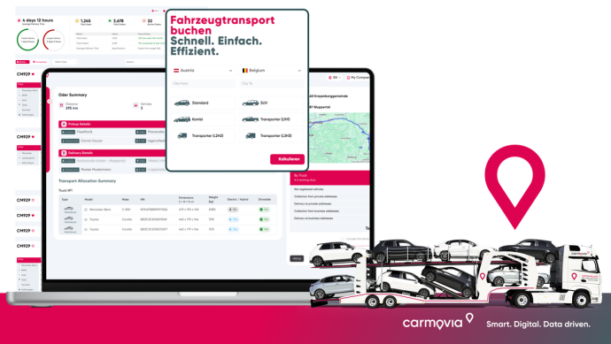 carmovia-Webseite auf einem Laptop mit weiteren Screenshots