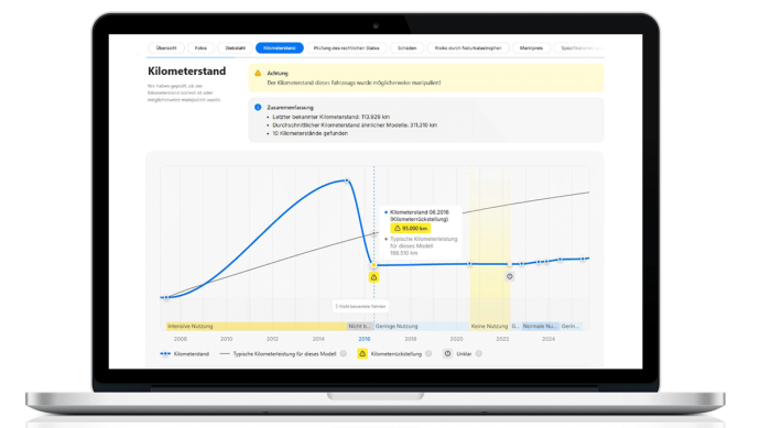 Laptop mit carVertical Bericht zum Kilometerstand eines Pkw