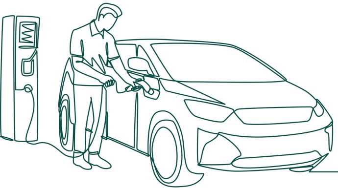 Linienzeichnung Mann lädt sein Elektroauto