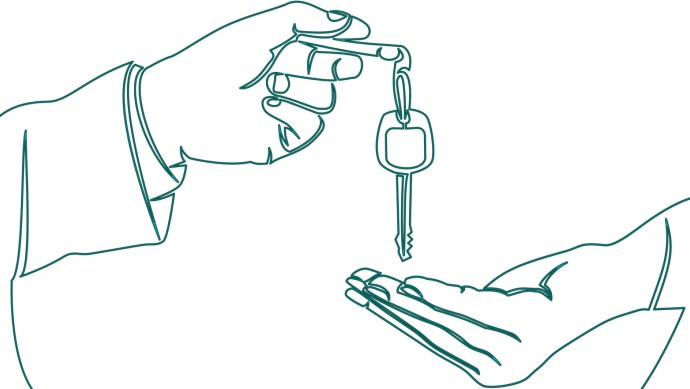 Linienzeichnung eine Hand übergibt Autoschlüssel in andere Hand