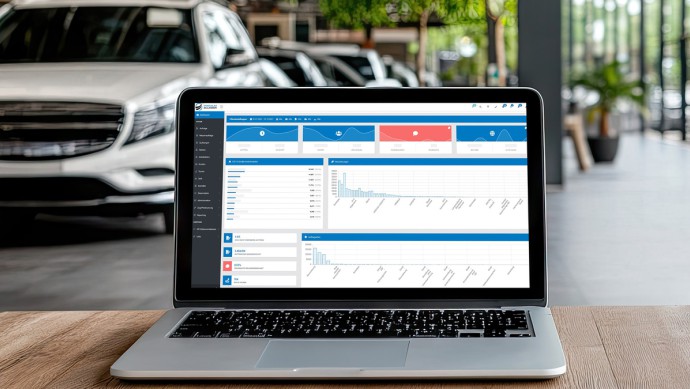 Laptop mit PremiumZulasser-Webseite in einem Autohaus-Showroom