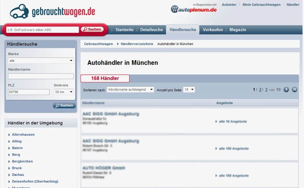 Händlersuche auf Gebrauchtwagen.de 