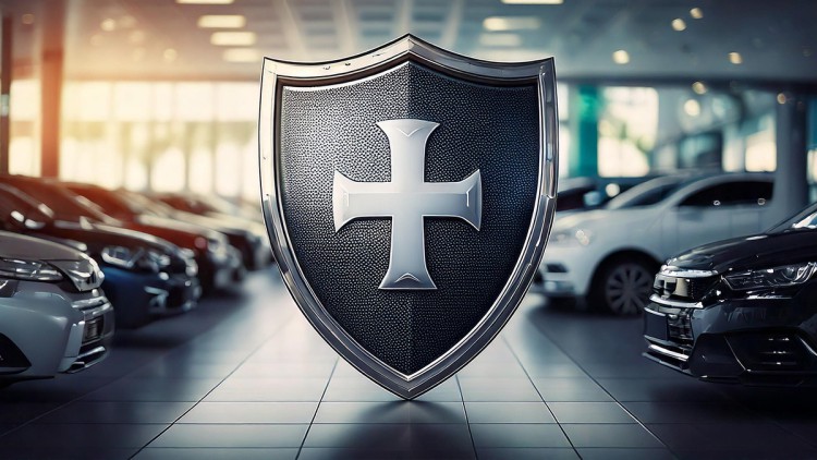 Symbolbild für eine Autohaus-Versicherung mit Showroom und einem Ritterschild