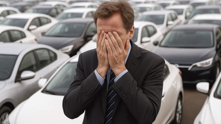 Ein Mann schlägt aus Verzweiflung seine Hände vor das Gesicht. Er steht inmitten zahlreicher Autos