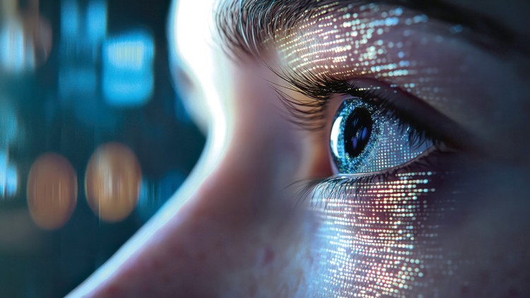 Digitale Lichtreflexe spiegeln sich auf menschlichem Gesicht und Auge