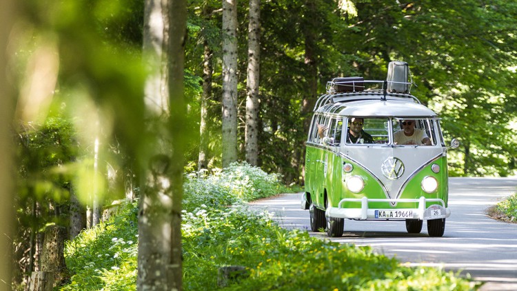 Grüner VW Bulli von GETTYGO fährt auf einer Straße durch den Wald
