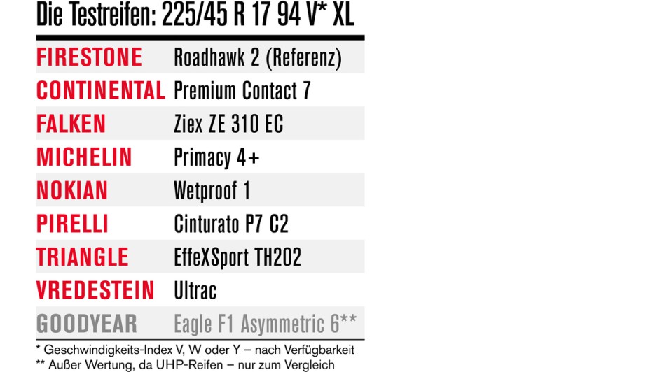 Uebersicht der neun Sommerreifen der Dimension 225/45 R17, die im Test angetreten sind.