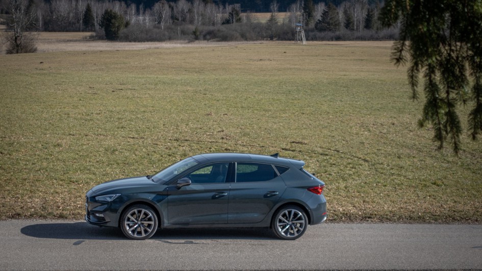 Seitensicht stehend vom Seat Leon Plug-in-Hybrid vor grüner Wiese