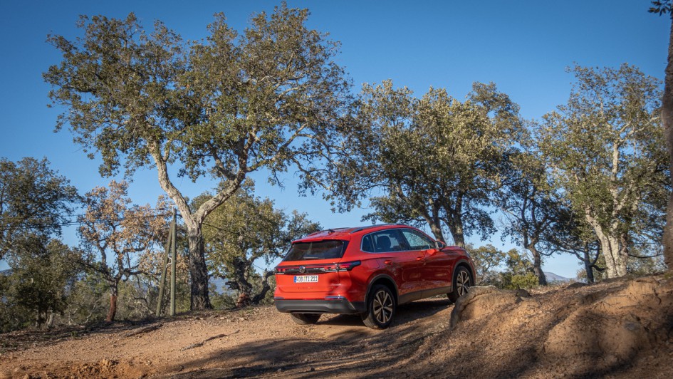 VW Tiguan 2024 in rot von hinten fotografiert