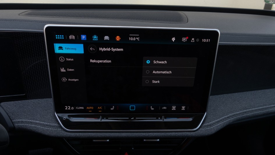 Ansicht der Rekuperationsmodi im VW Passat eHybrid