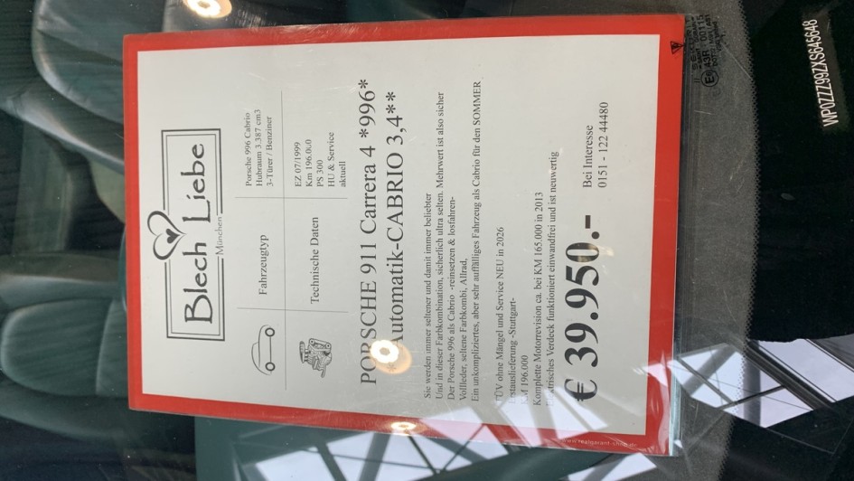 Preisschild vom Porsche 996 Cabriolet