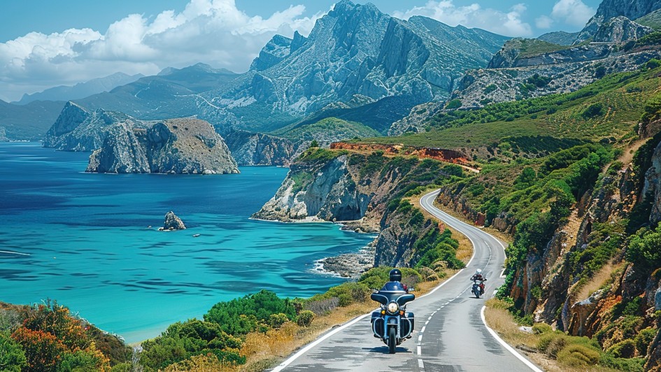 Gebirgslandschaft mit Motorradfahrer